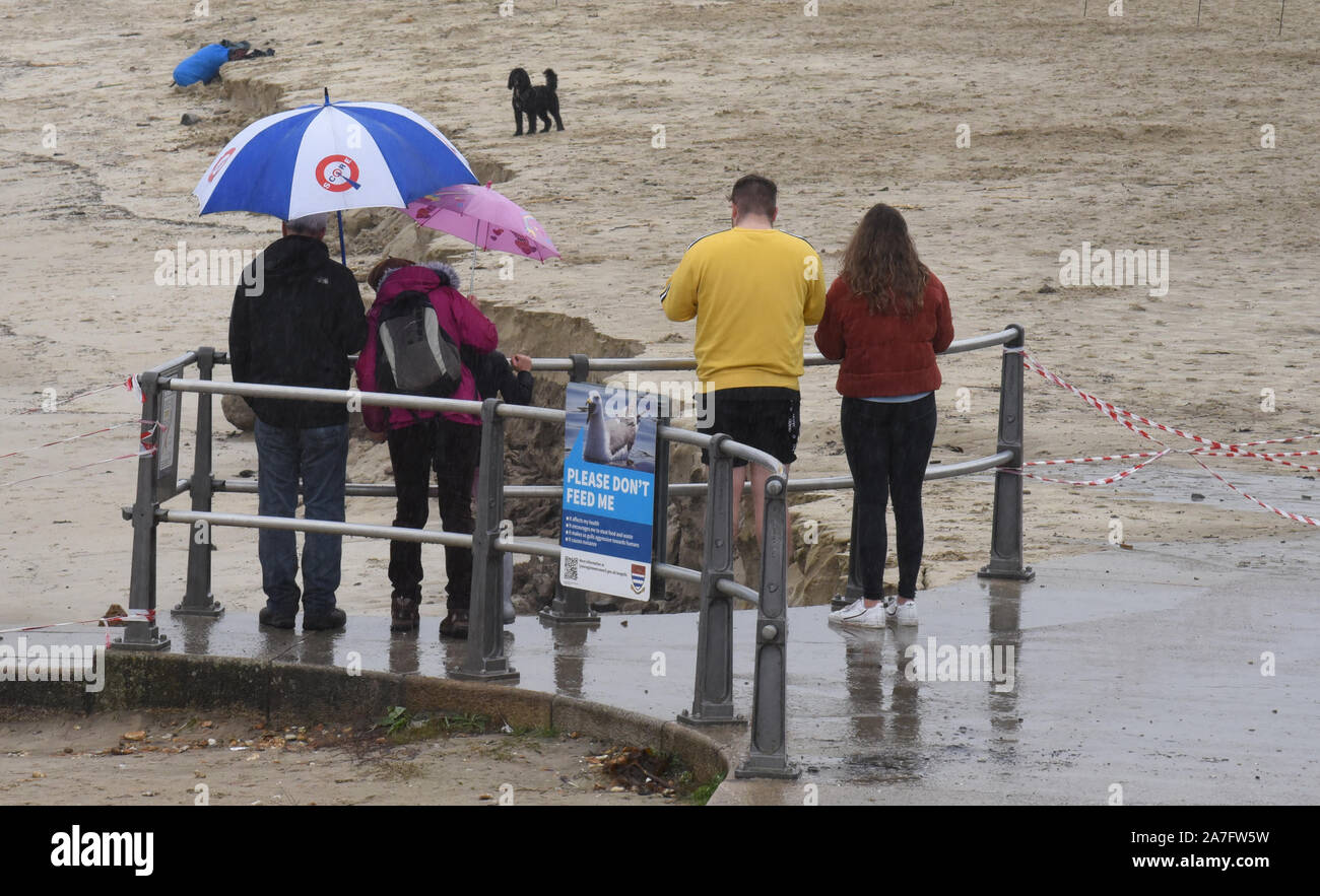 Lyme Regis, Dorset, UK.  2nd November 2019. UK Weather: Visitors look at on as a  large area of Lyme Regis' pretty sandy beach is cordoned off after the sand was washed away during heavy overnight rainfall  Credit: Celia McMahon/Alamy Live News. Stock Photo