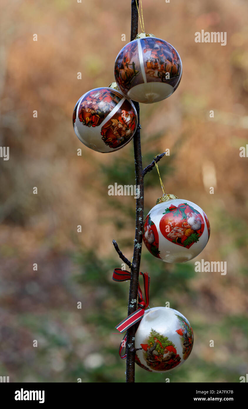 Colorful Christmas balls with red decorations hanging from a snag of a rowan tree Stock Photo