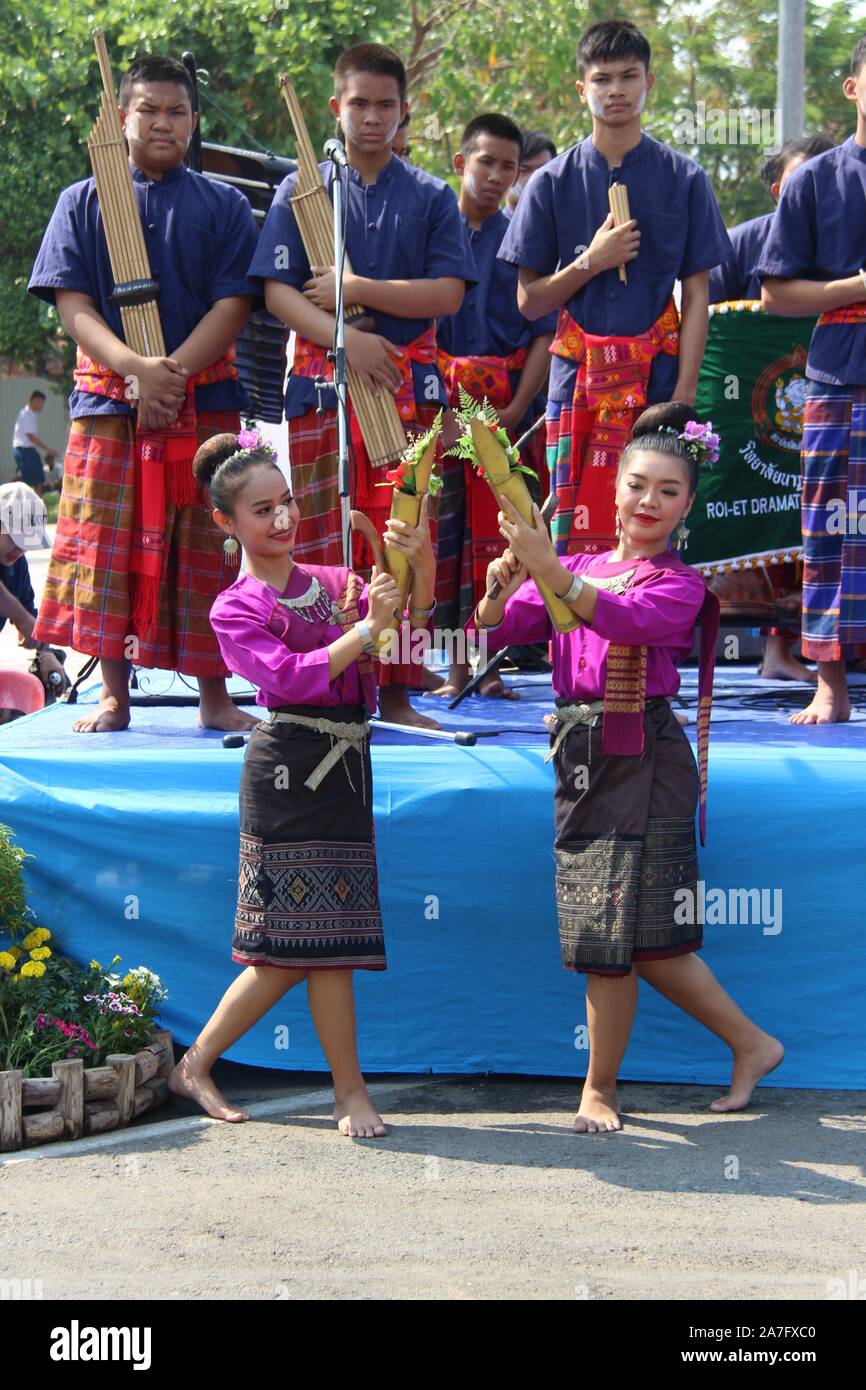 Traditional Thai musicians and dancers Stock Photo