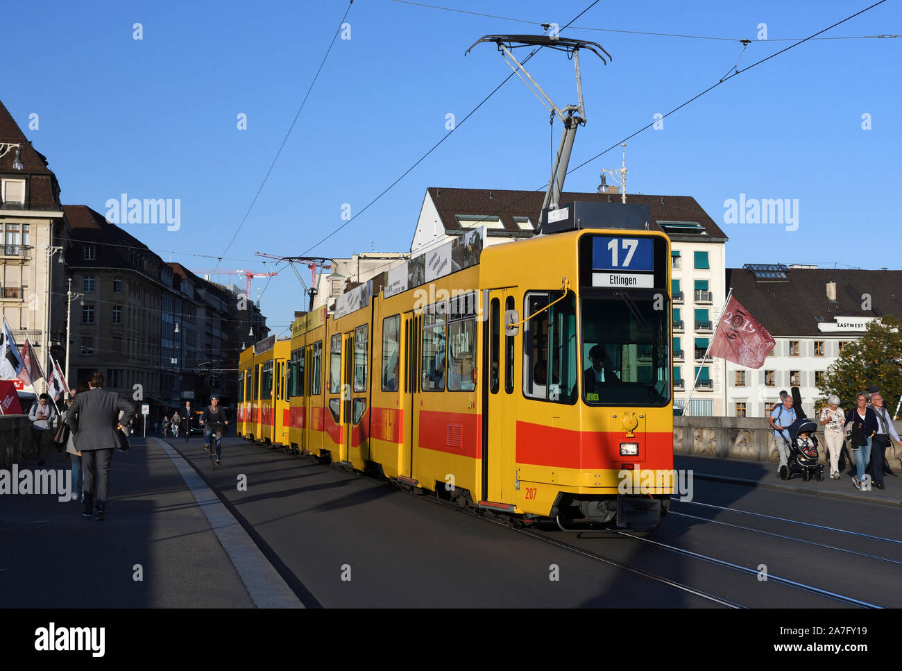 tram;middle bridge;basel;switzerland Stock Photo