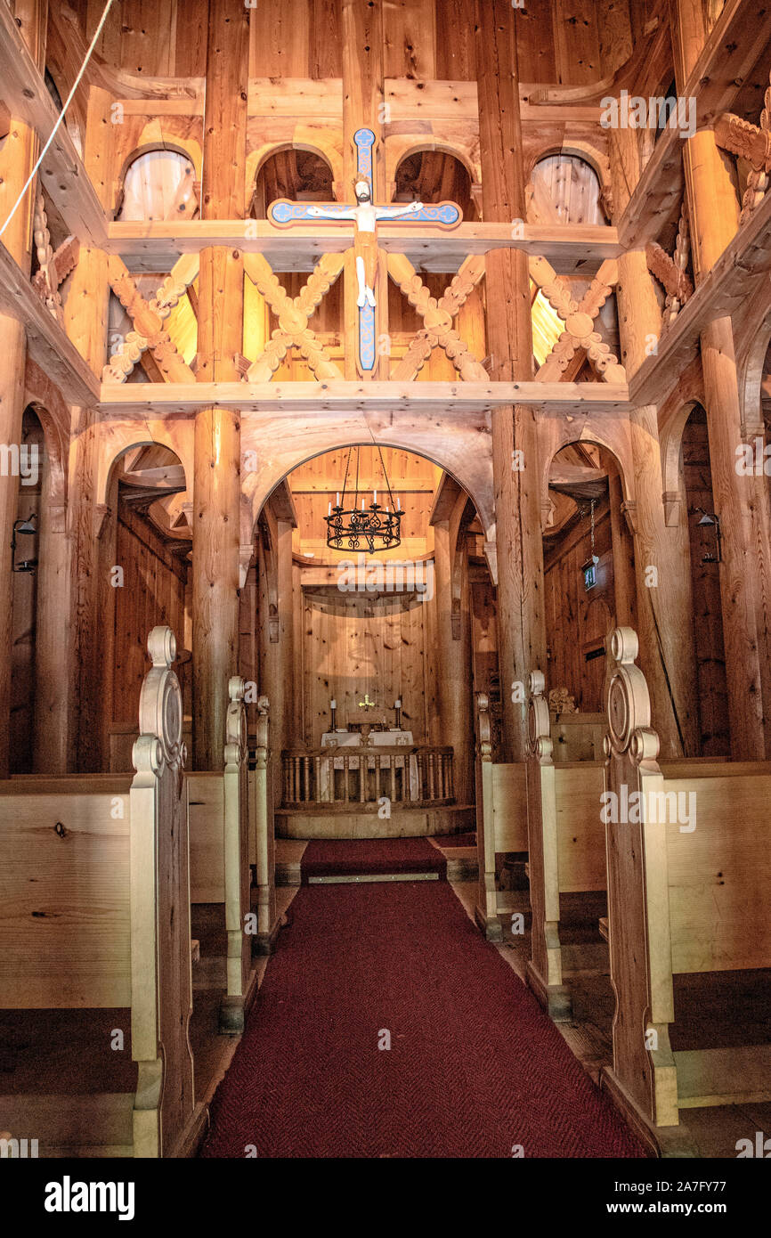 The interior of the Fantoft Stave Church outside of Bergen Norway.  The church was originally built around the year 1150 at Fortun in Sogn, a village Stock Photo