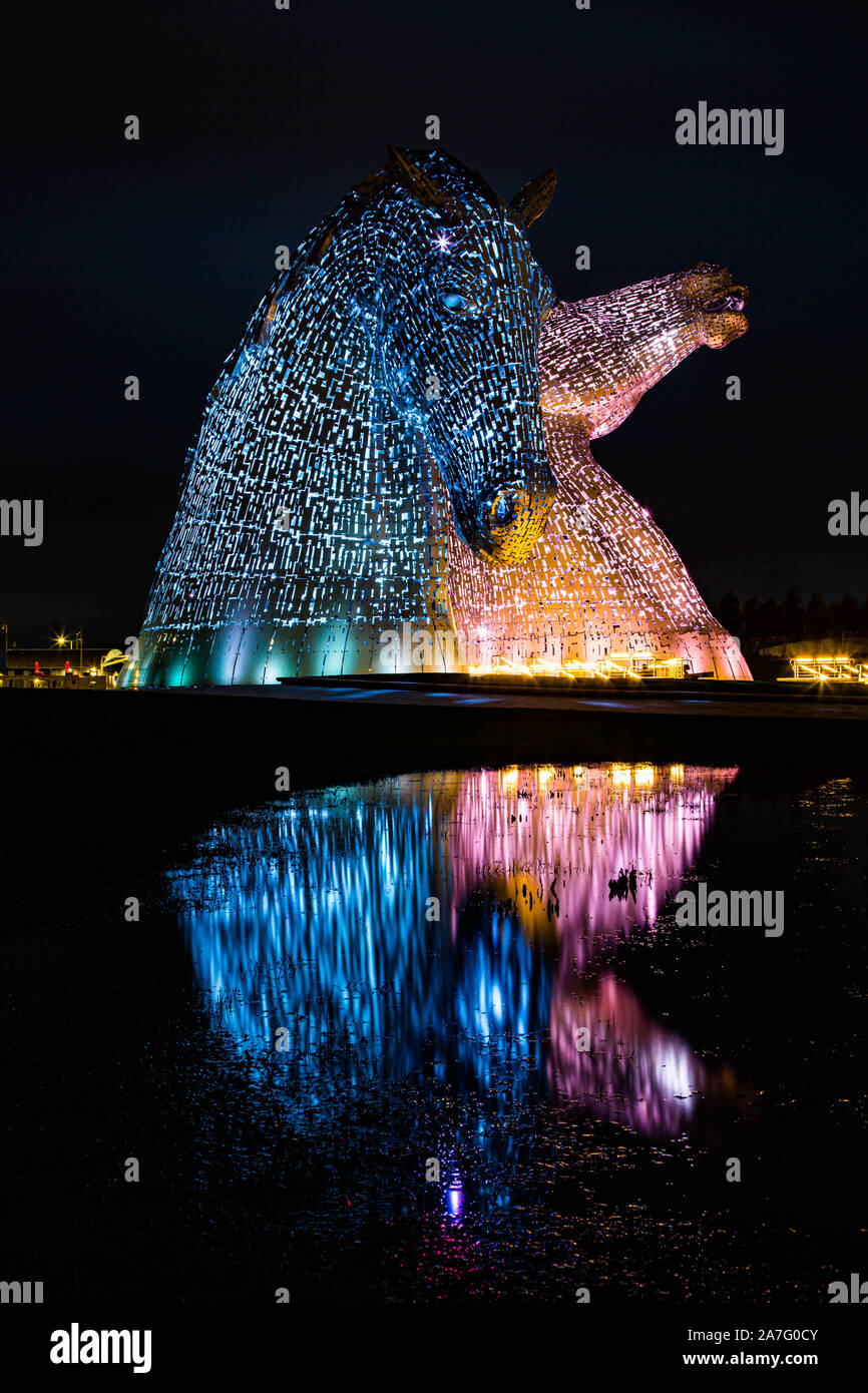 The Kelpies at the Helix by the Fourth & Clyde canal at night in Scotland Stock Photo