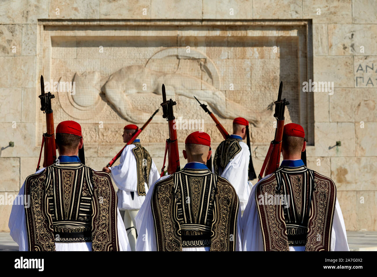 Athens capital of Greece Parliament House austere Neoclassical building Tomb of the Unknown Soldier entrance changing of guards Stock Photo