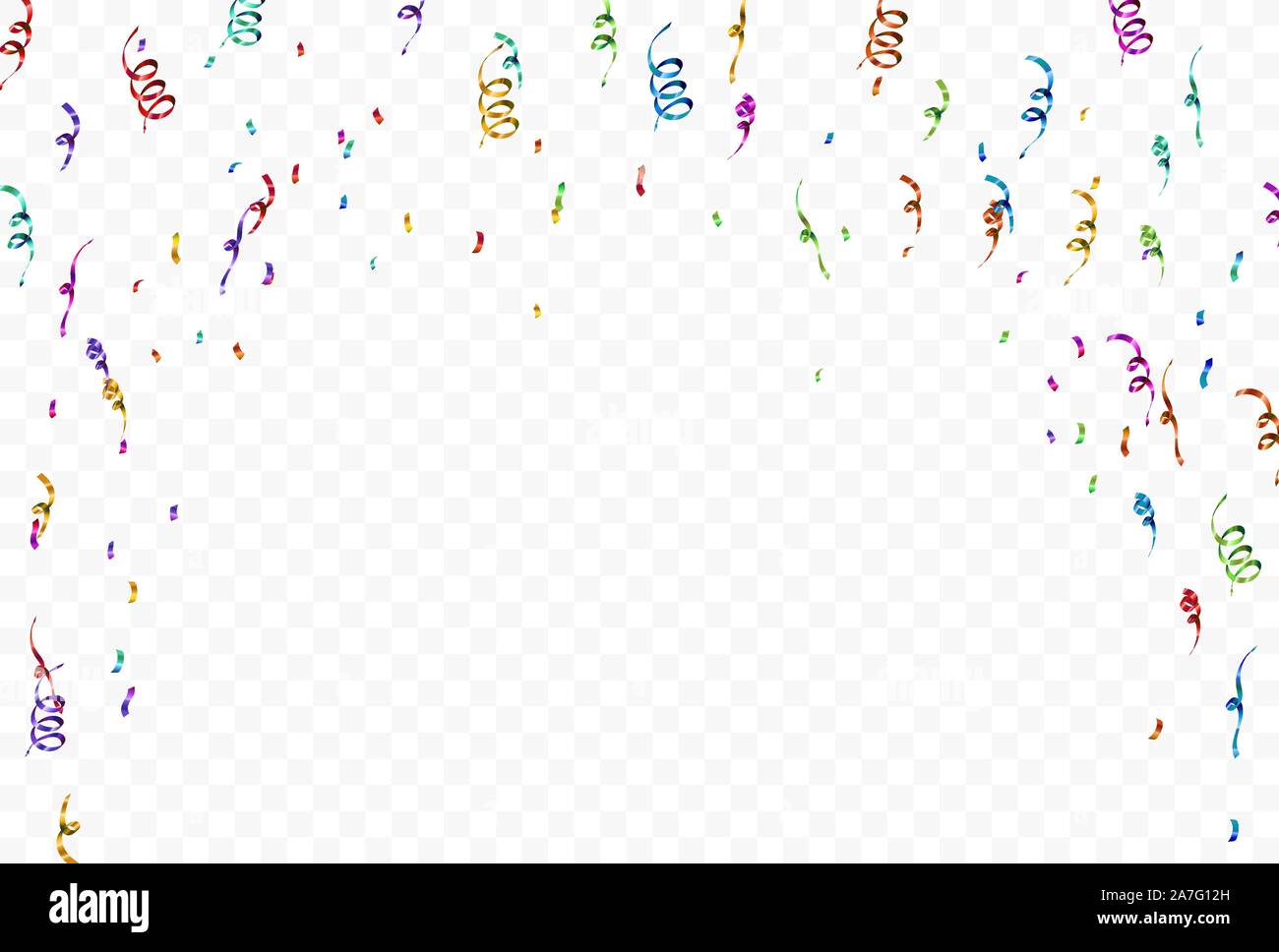 Colorful streamers and confetti vignette on white transparent