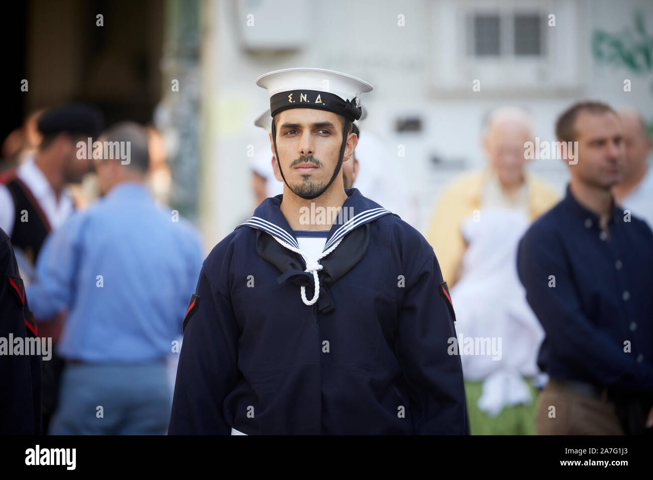 Piraeus port city Greece, on parade The Hellenic Navy is the naval force of Greece, part of the Hellenic Armed Forces Stock Photo