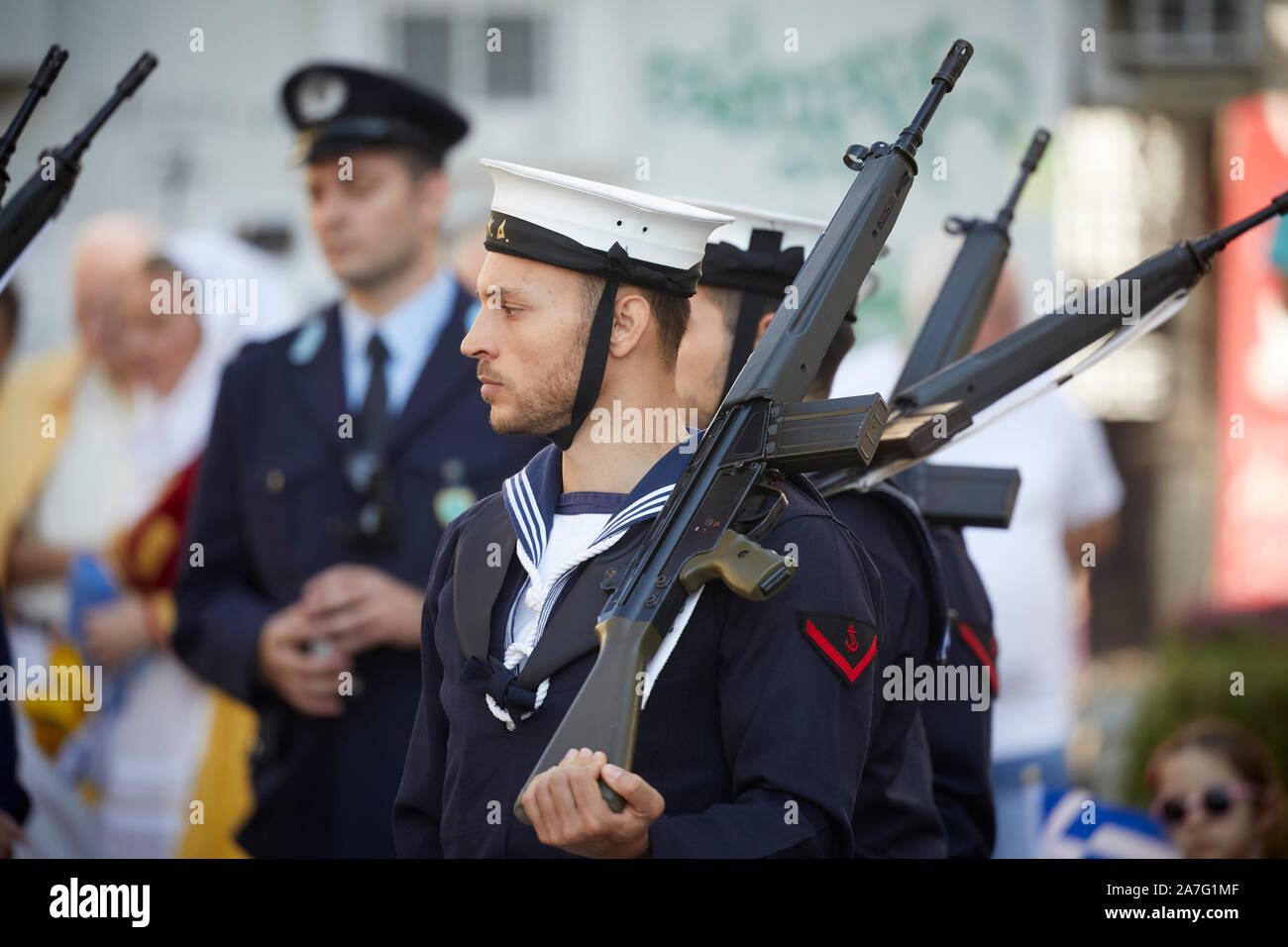 Piraeus port city Greece, on parade The Hellenic Navy is the naval force of Greece, part of the Hellenic Armed Forces Stock Photo