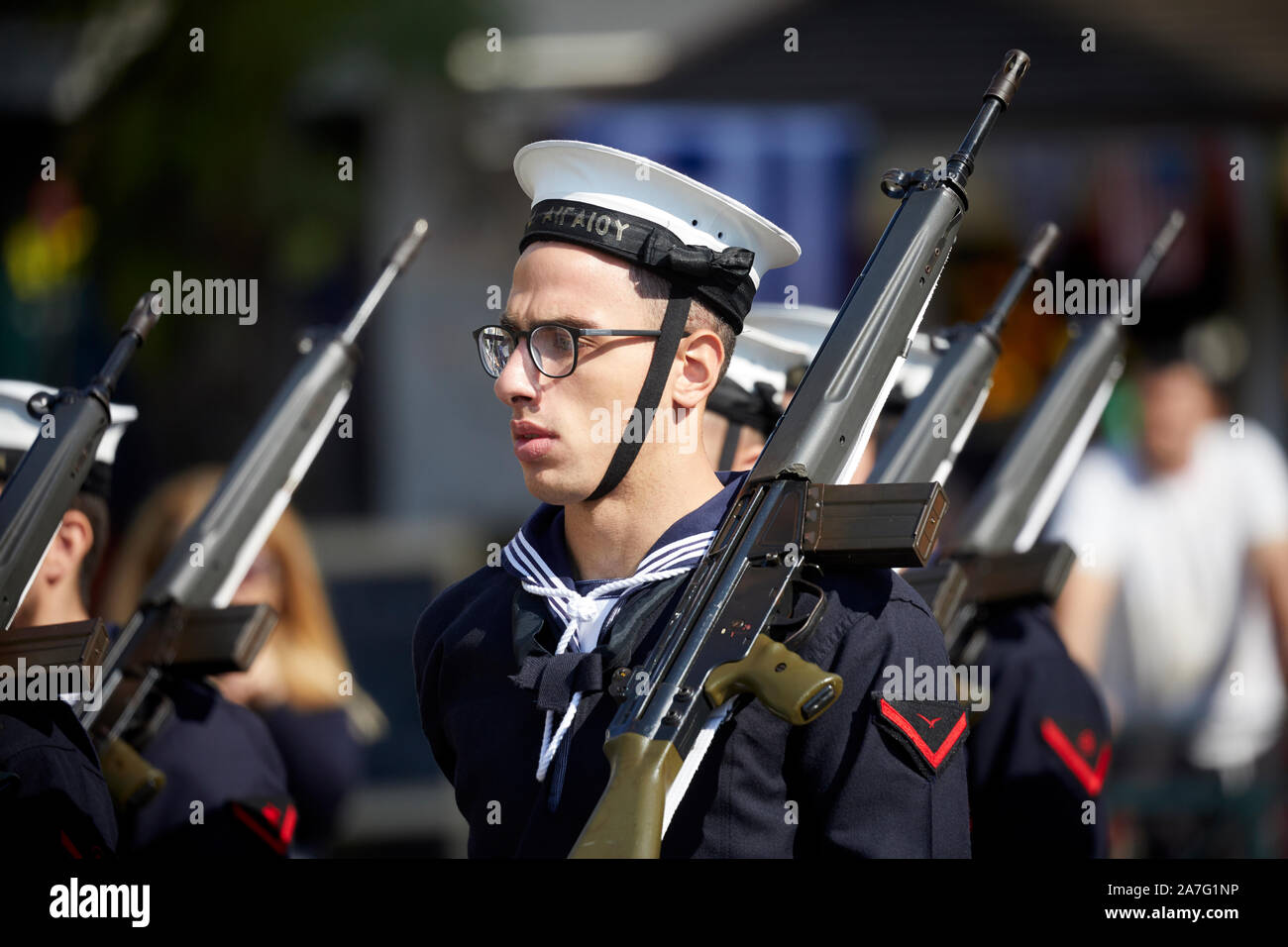 Piraeus port city Greece, on parade The Hellenic Navy is the naval force of Greece, part of the Hellenic Armed Forces Stock Photo