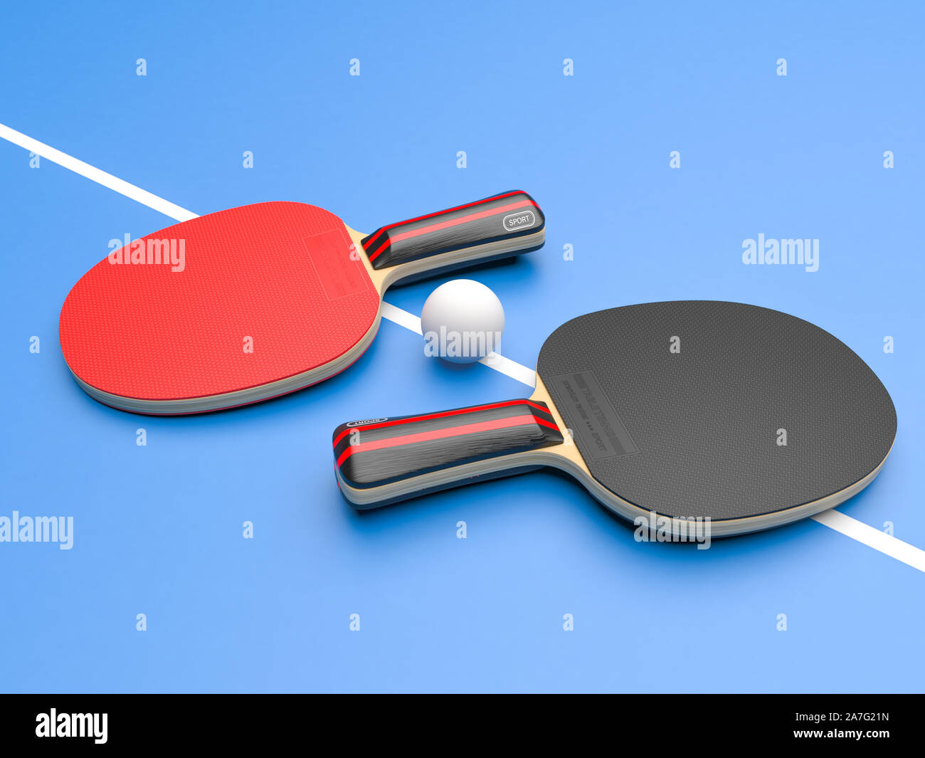 Red and black table tennis rackets with ball. On blue background. 3d ...