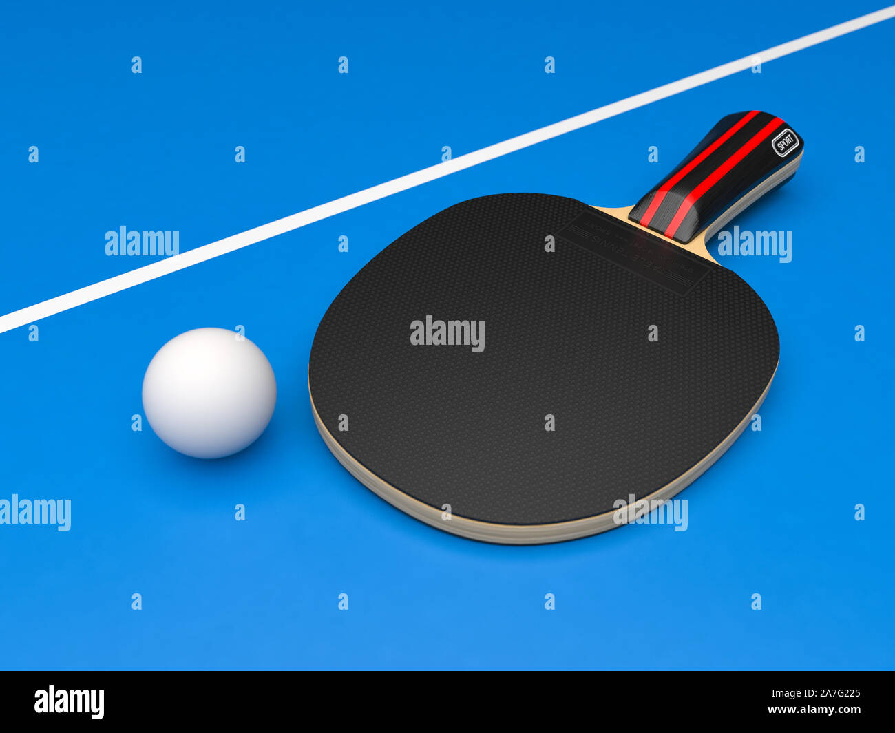 Black table tennis racket with ball. On blue background. 3d rendering ...