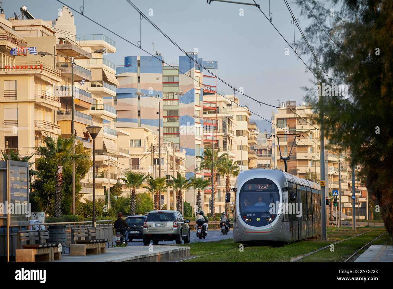 Athens capital of Greece Athens Coastal Tram at Batis beach Stock Photo