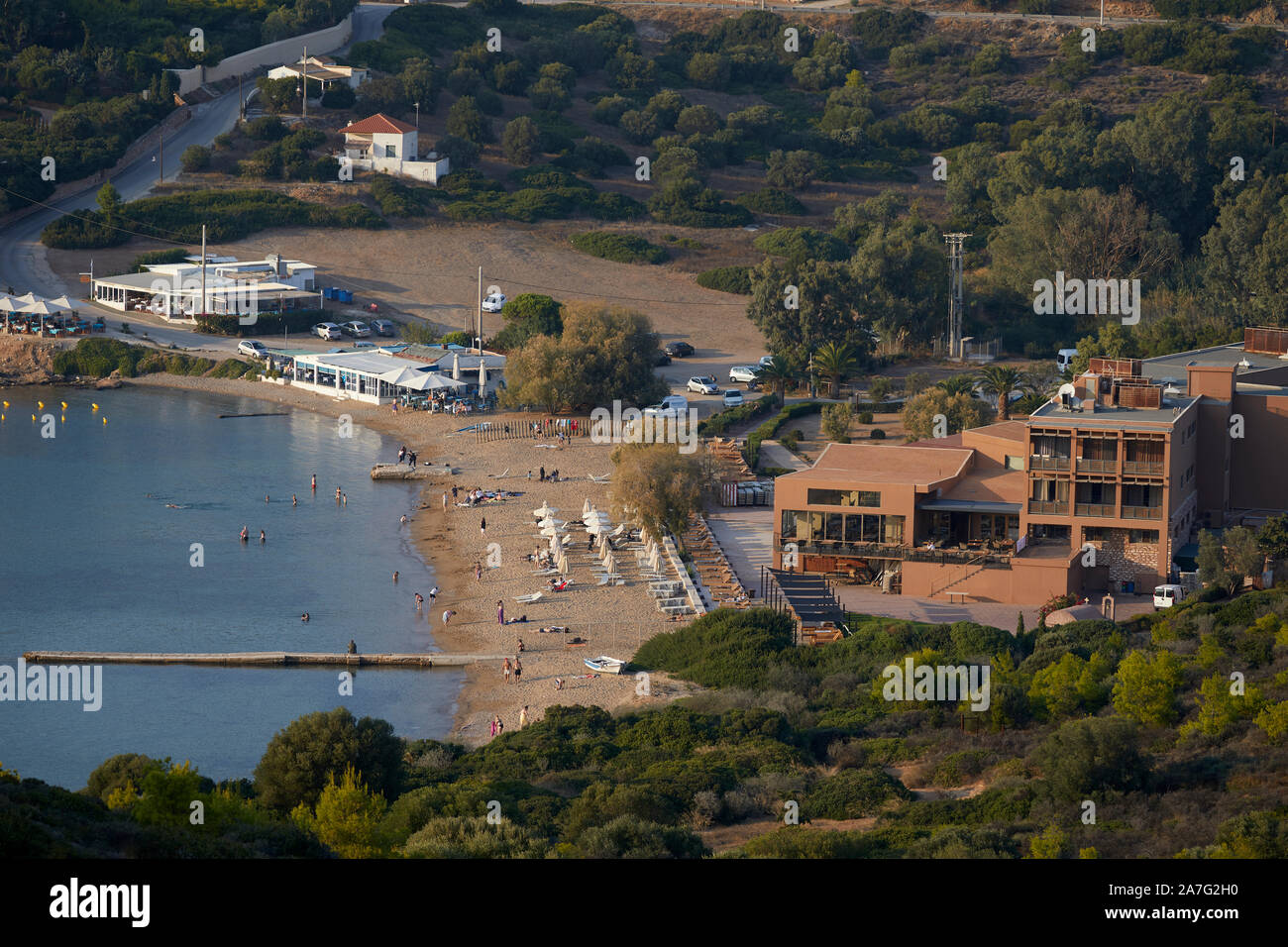 Greece Aegeon beach hotel a modern seaside lodge in a hillside cove at Souniou Stock Photo