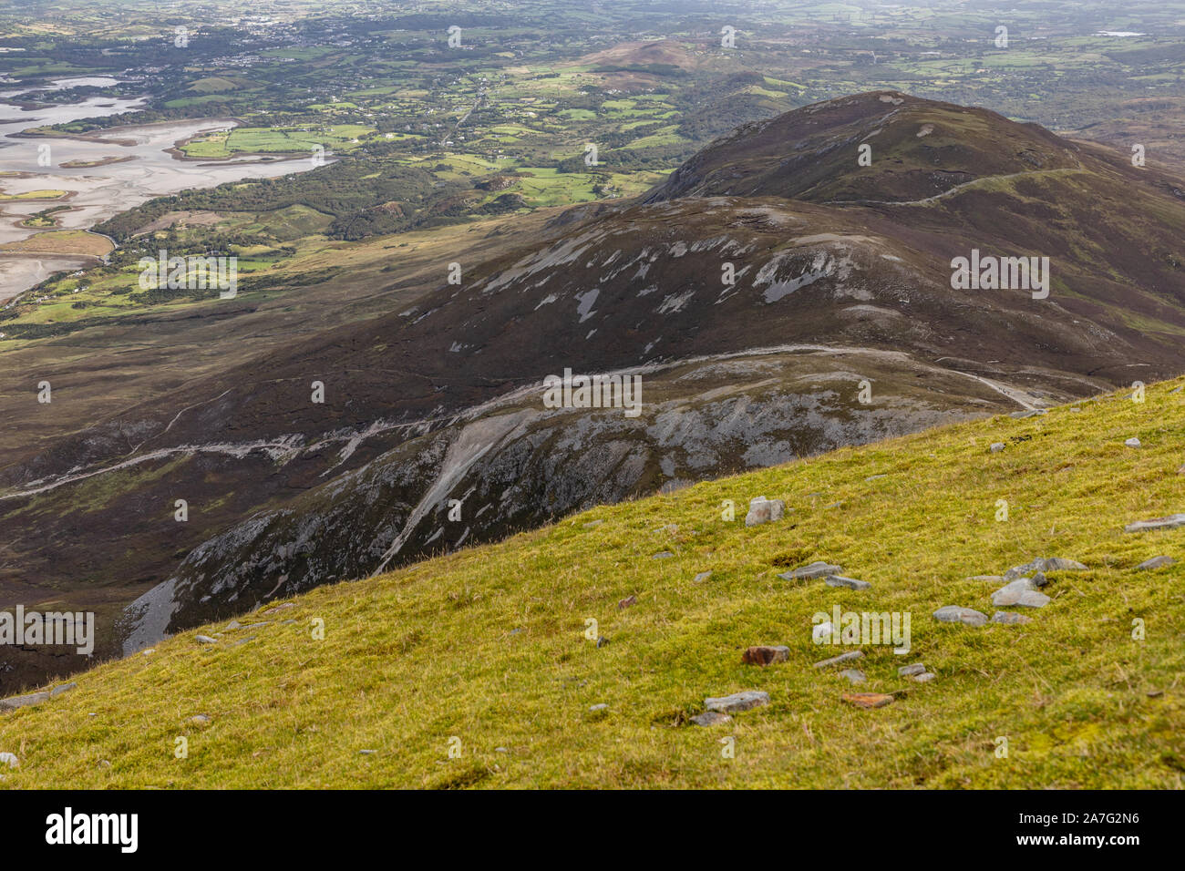 Croagh Patrick mountain and Westport bay and islands with farms and