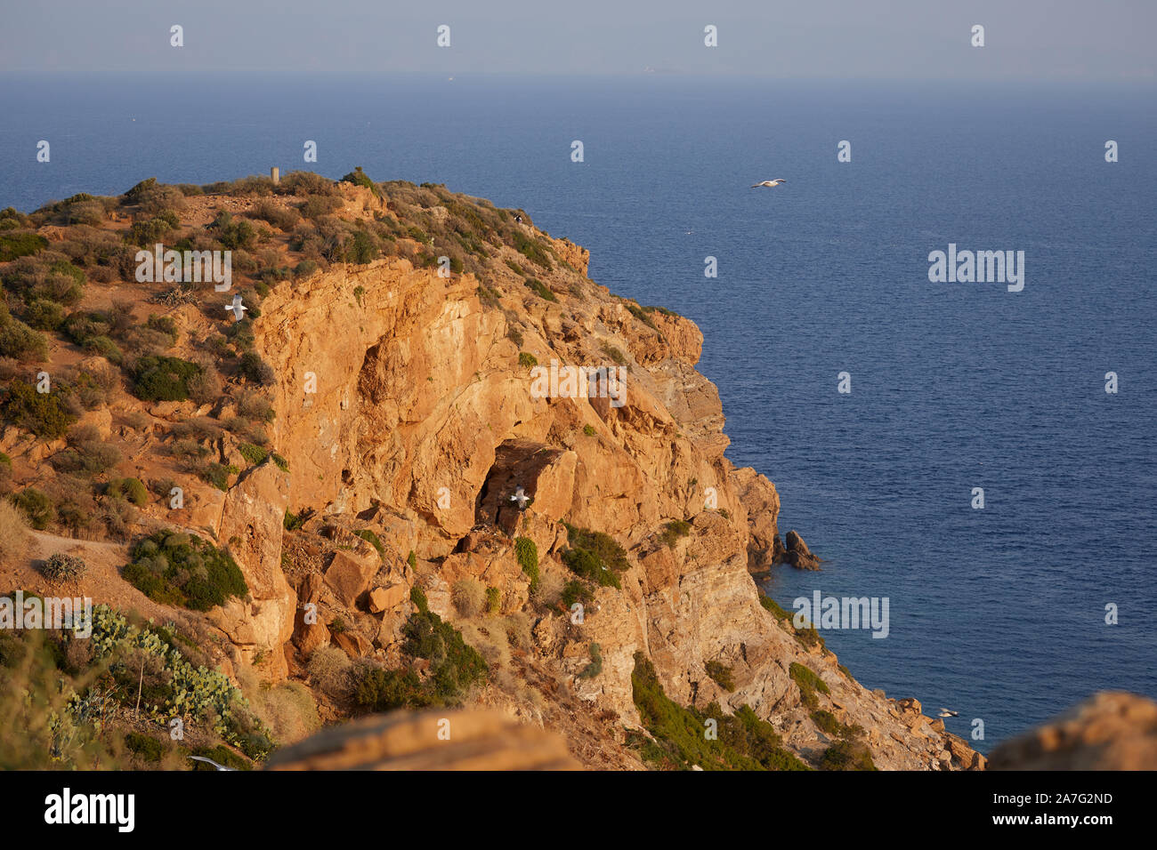 Greece The Ancient Greek temple of Poseidon at Cape Sounion, built during 444–440 BC, is one of the major monuments of the Golden Age of Athens. It is Stock Photo