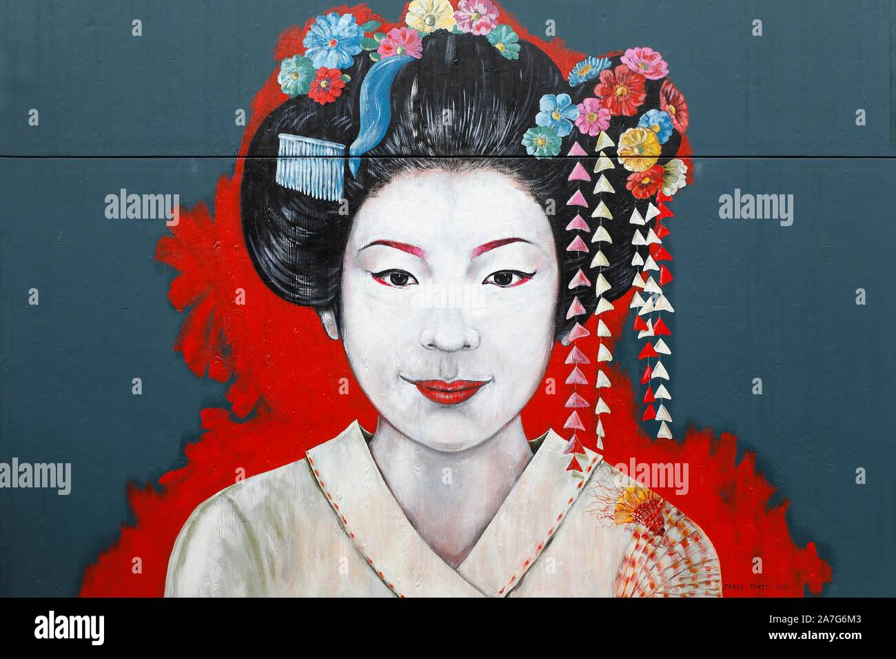 Street Art picture of Pablo Piatti on a house wall, Memoirs of a Geisha, Antwerp, Belgium Stock Photo