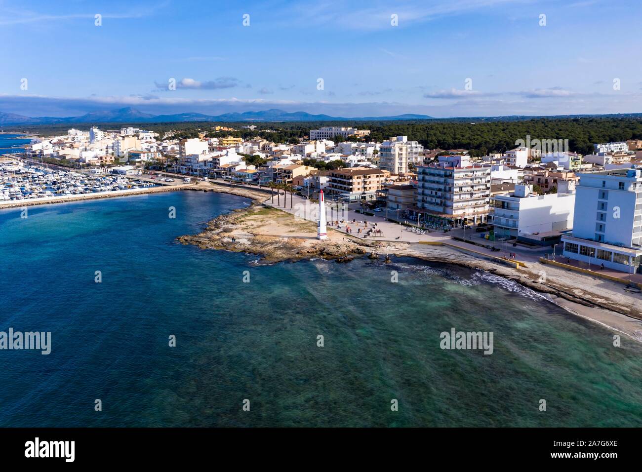 Aerial view, local view with beach and harbour, Can Picafort, Majorca, Balearic Islands, Spain Stock Photo