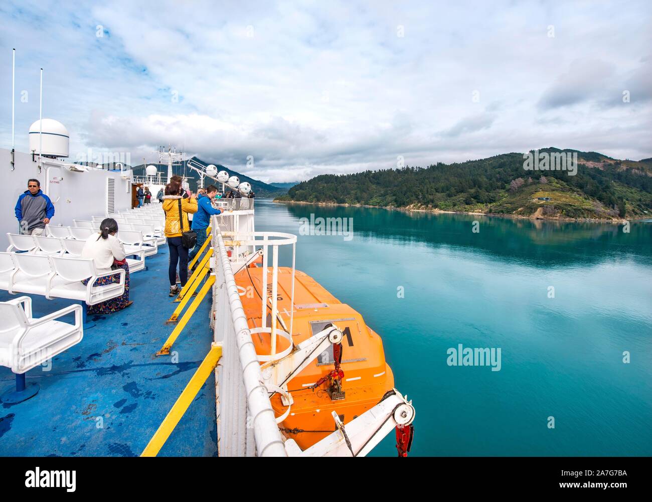 View from ferry into the fjord, ferry connection Wellington Picton, Queen Charlotte Sound, South Island, New Zealand Stock Photo