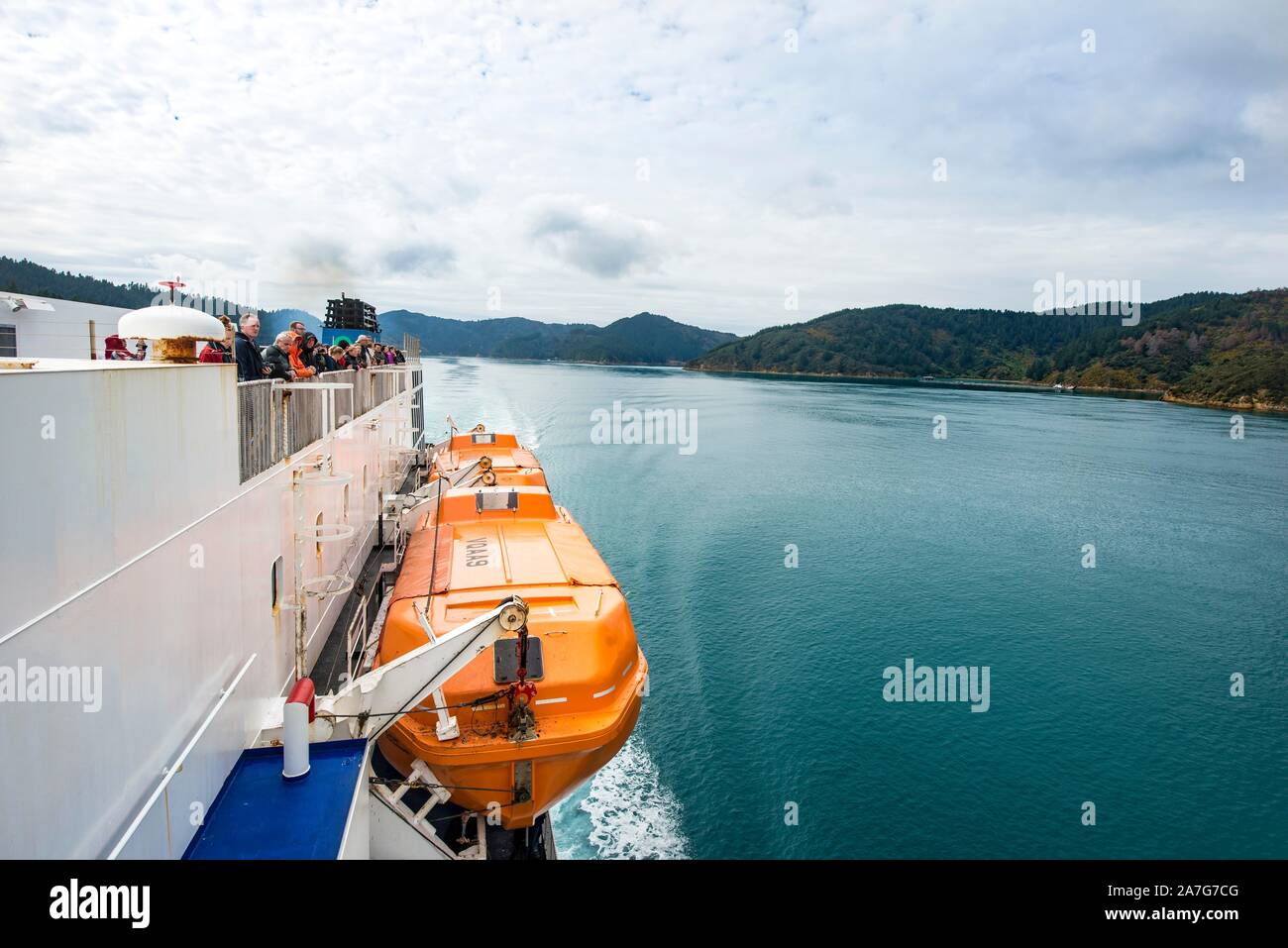 View from ferry into the fjord, ferry connection Wellington Picton, Queen Charlotte Sound, South Island, New Zealand Stock Photo