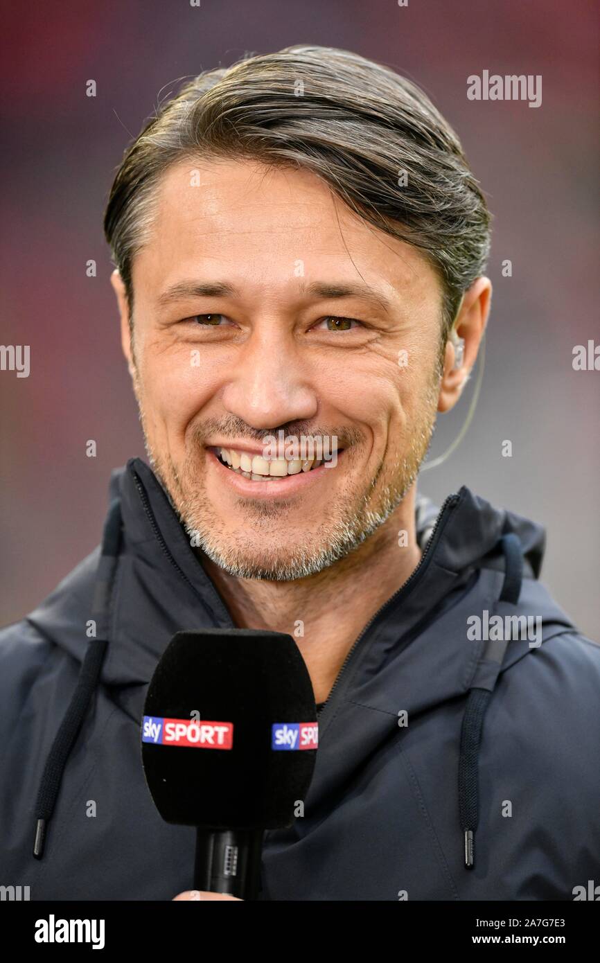 Coach Niko Kovac FC Bayern Munich FCB in SKY Interview with Mikrofon, portrait, Allianz Arena, Munich, Bavaria, Germany Stock Photo