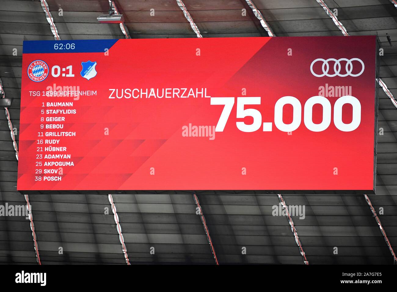Scoreboard Number of spectators, sold out Allianz Arena, Munich, Bavaria, Germany Stock Photo