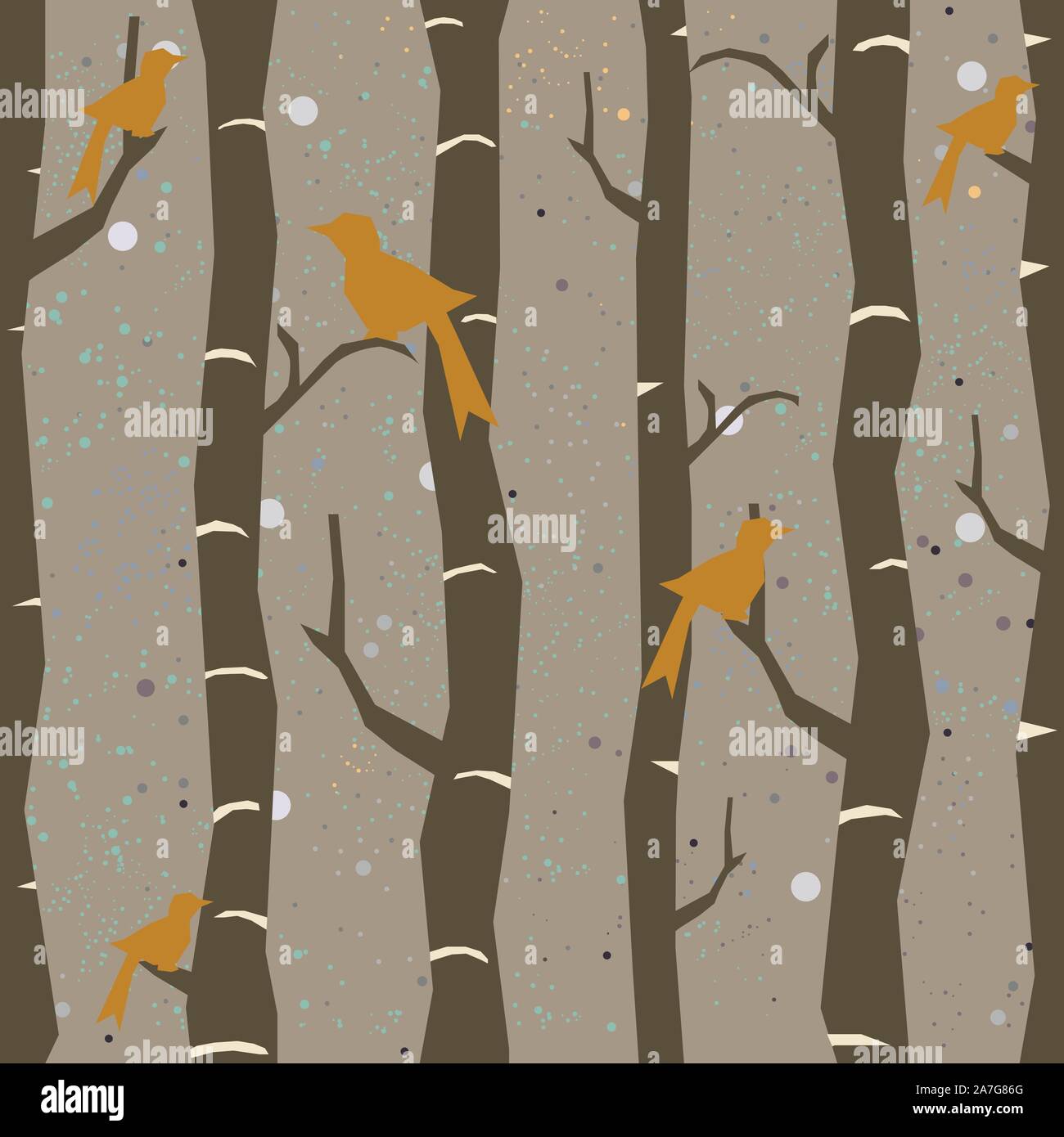 Seamless Tree Pattern with big birds and leaves. Vector Illustration. Stock Vector