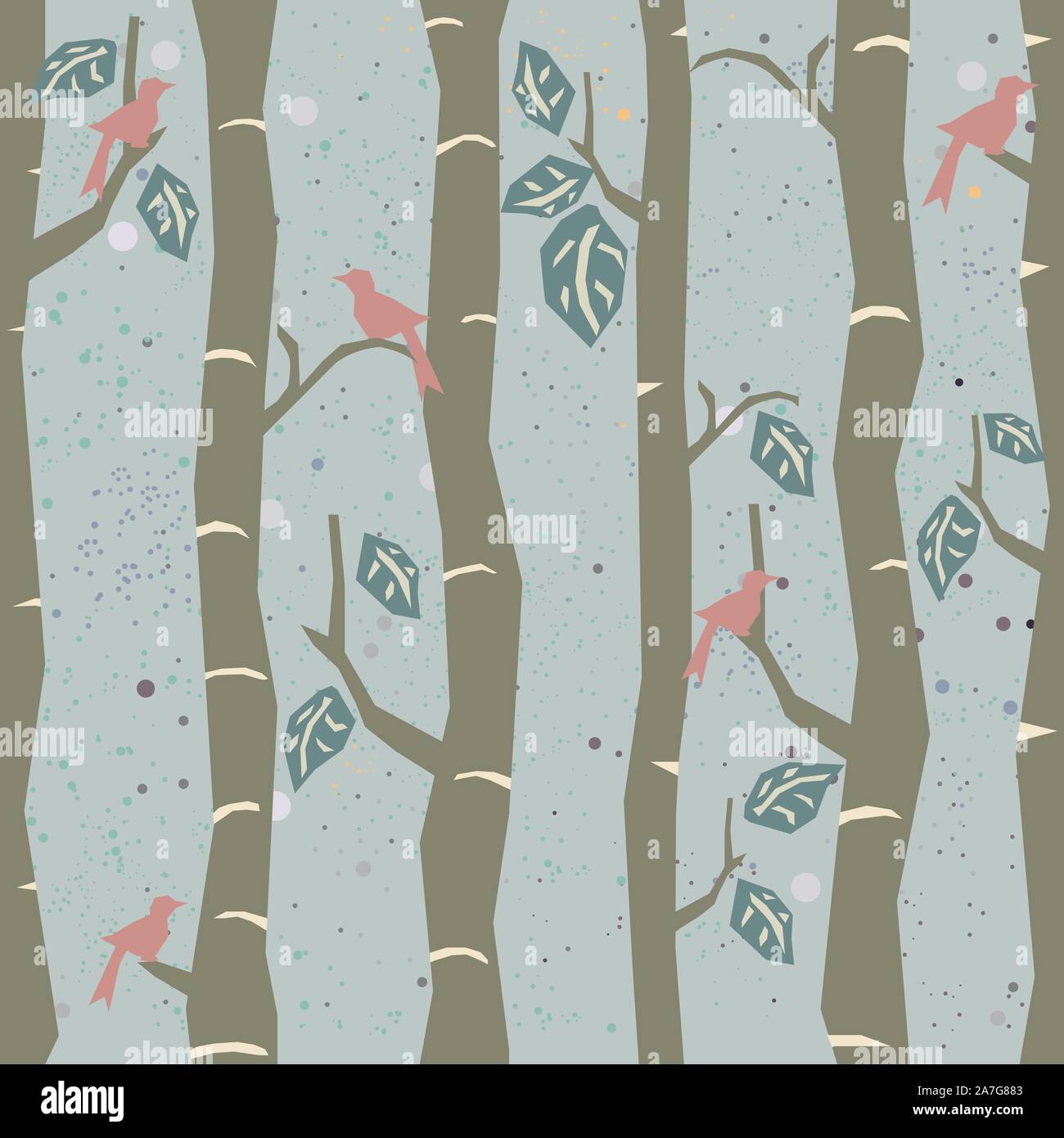 Seamless Tree Pattern with big birds and leaves. Vector Illustration. Stock Vector