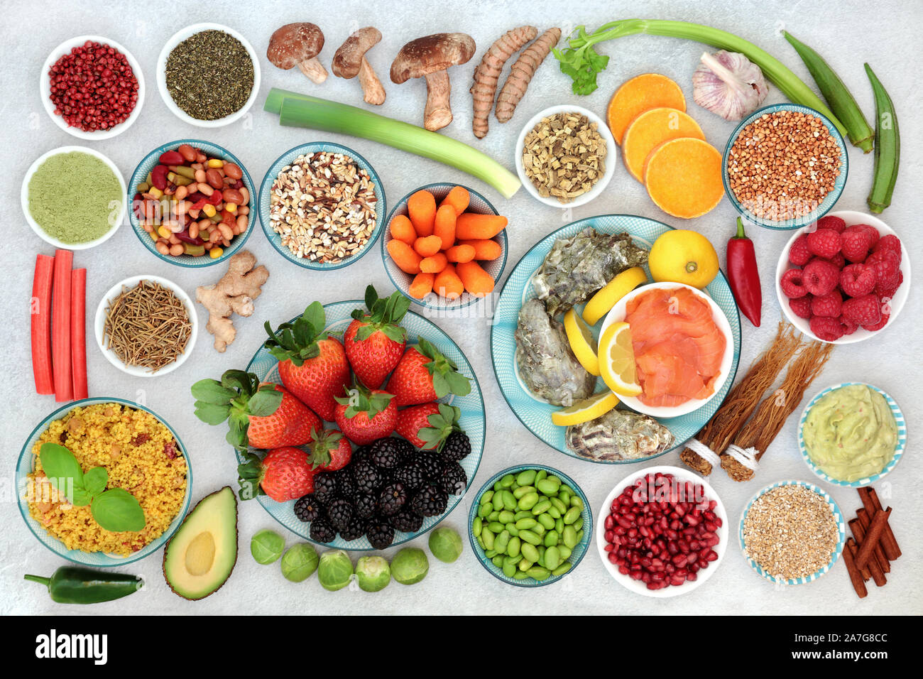 Healthy super food for fitness with foods high in antioxidants, anthocyanins, vitamins, minerals