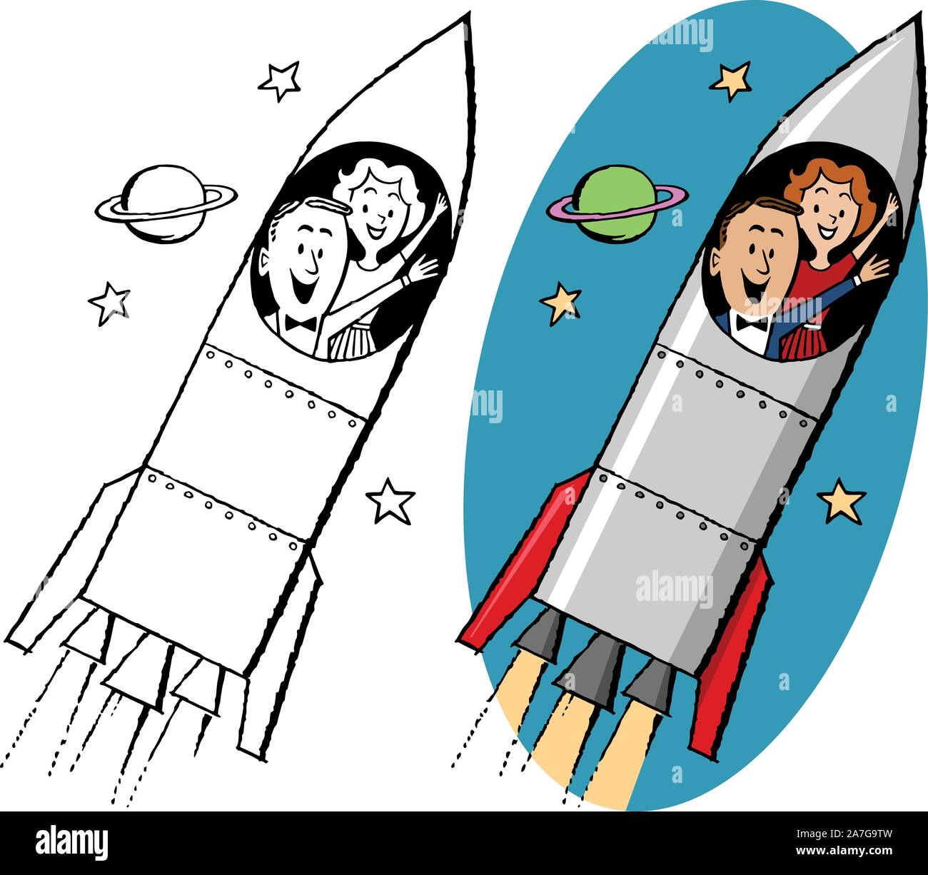 A cartoon of a couple riding in a rocket ship into outer space. Stock Vector