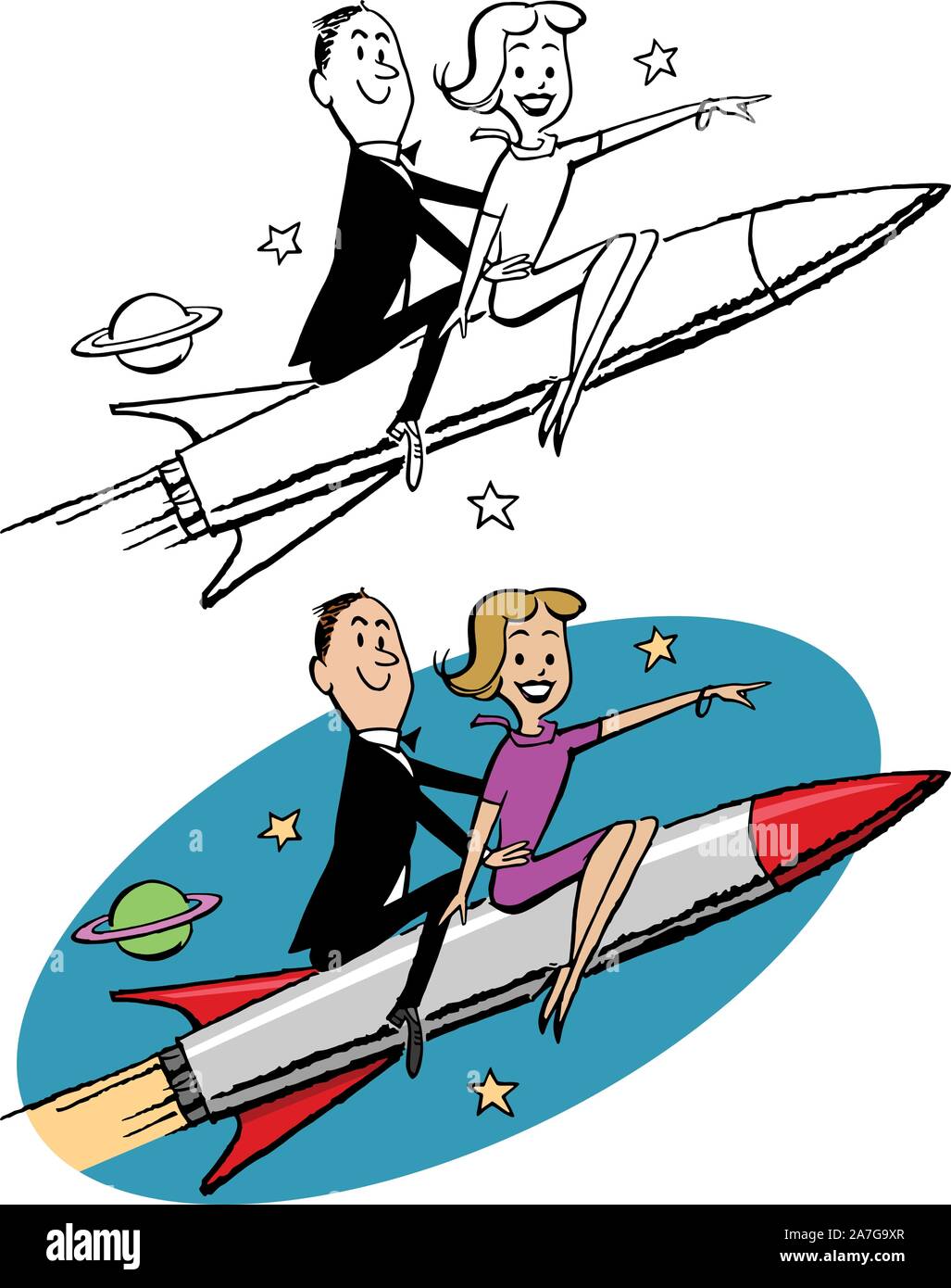 A cartoon of a couple riding a rocket ship into outer space. Stock Vector