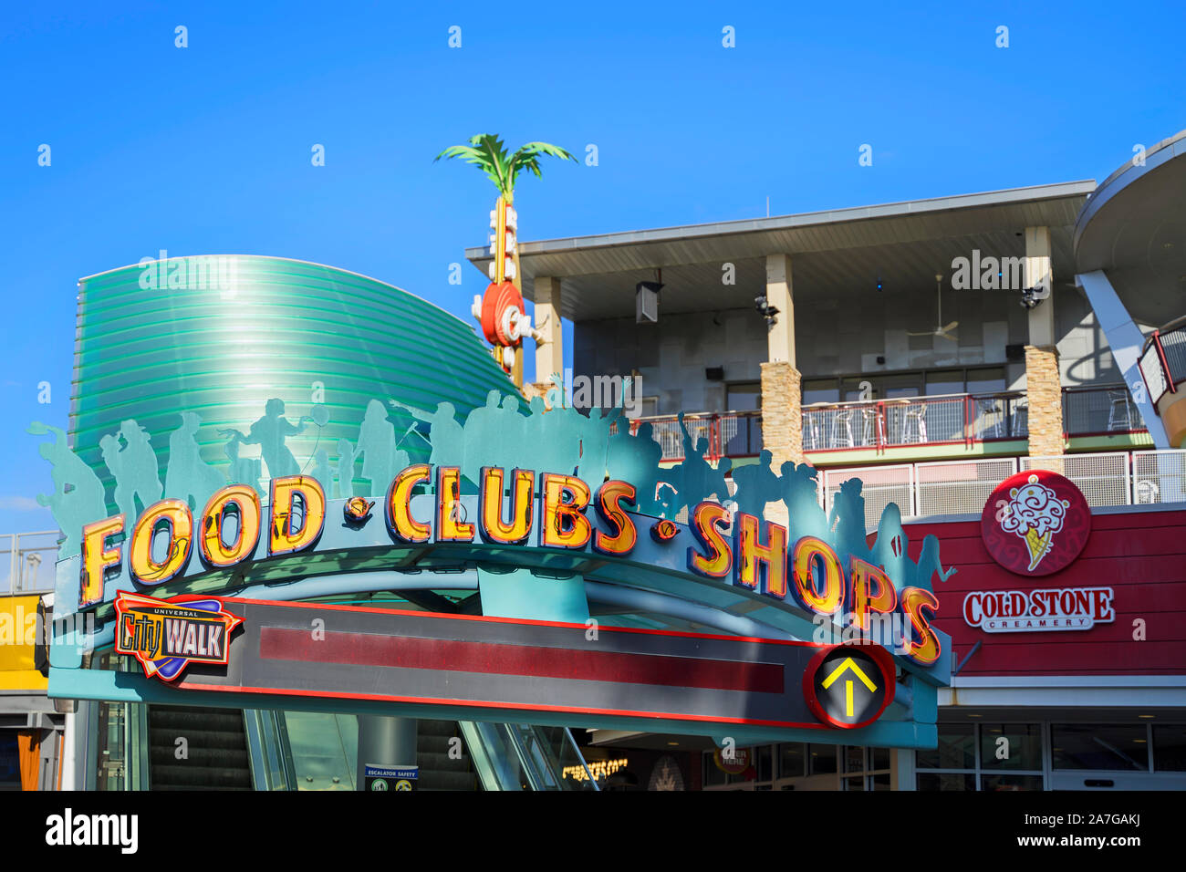 Food Clubs Shops Sign at CityWalk, Universal Studios Resort, Orlando, Florida, USA Stock Photo