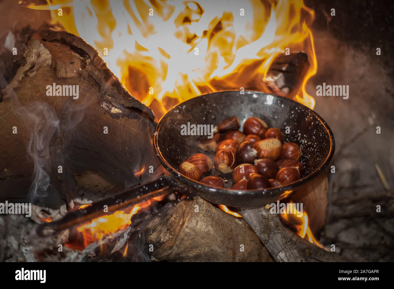 roasting chestnuts on fire in a pan Stock Photo Alamy