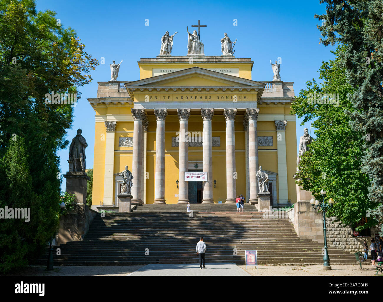 Steps leading up to the Cathedral Basilica of St. John the Apostle or Basilica of Eger with blue sky on a summers days Stock Photo