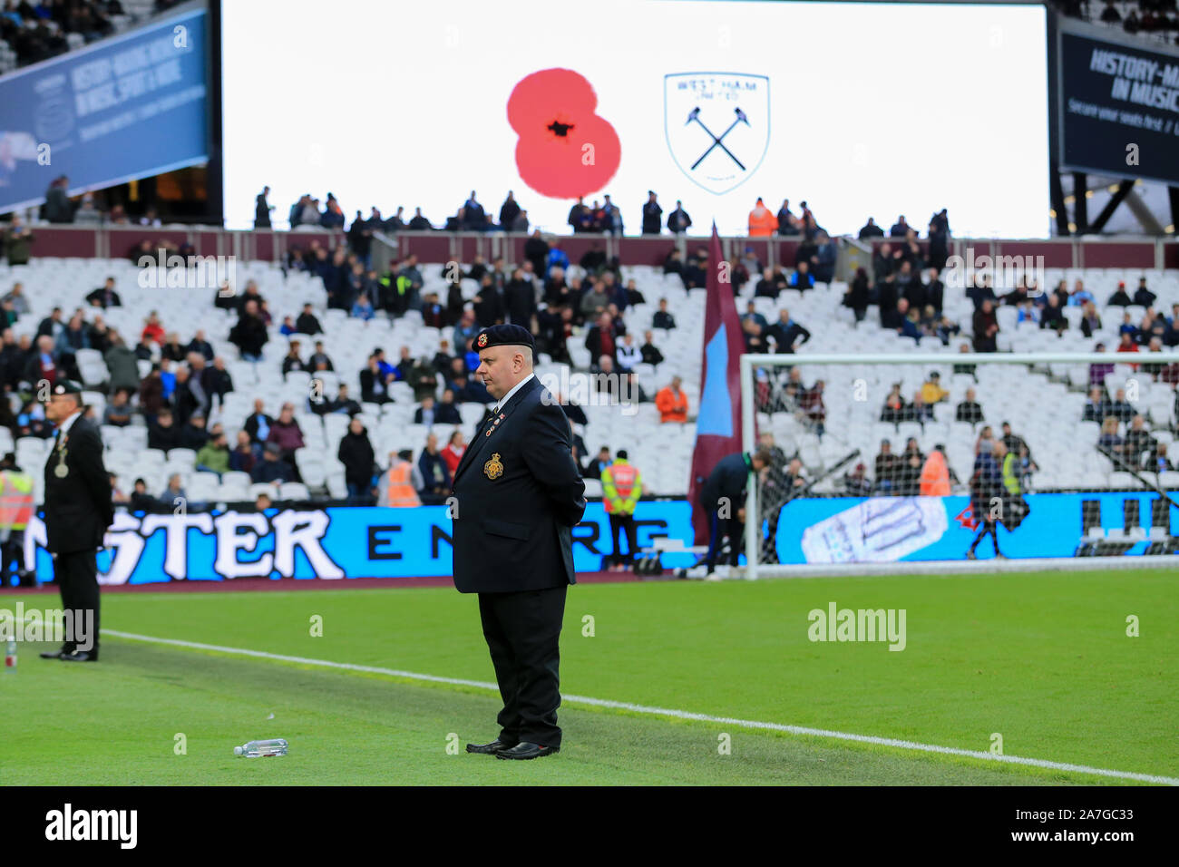 London, UK. 02nd Nov, 2019. Veterans line up before the Premier League match between West Ham United and Newcastle United at the Boleyn Ground, London on Saturday 2nd November 2019 in support of armistice day. (Credit: Leila Coker | MI News) Photograph may only be used for newspaper and/or magazine editorial purposes, license required for commercial use Credit: MI News & Sport /Alamy Live News Credit: MI News & Sport /Alamy Live News Credit: MI News & Sport /Alamy Live News Stock Photo