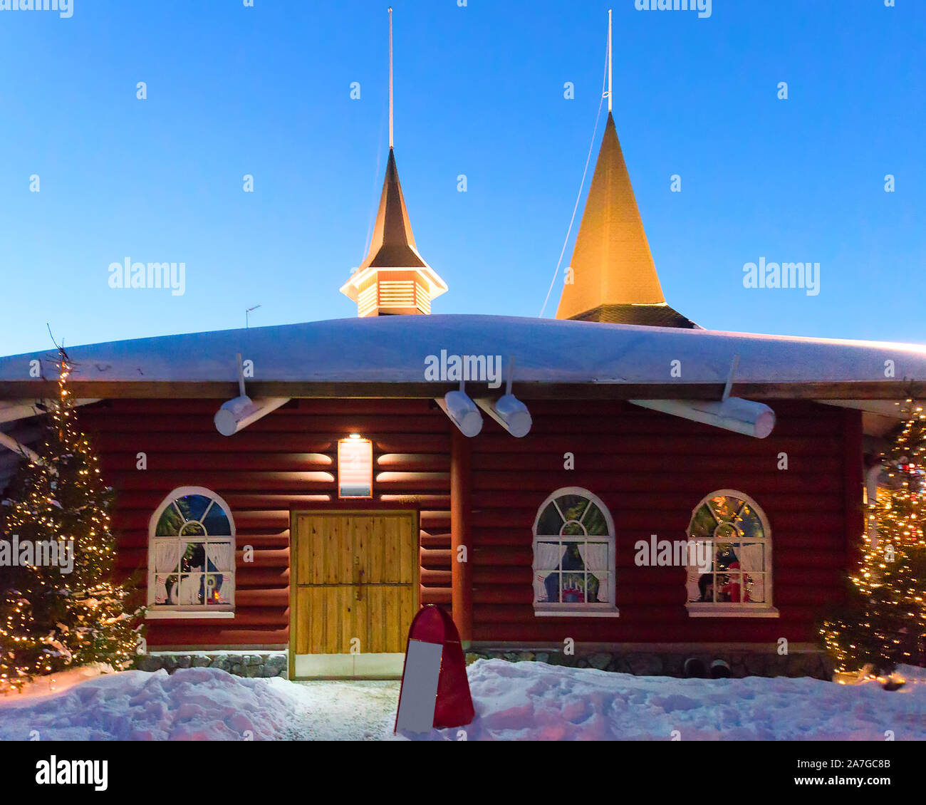 Santa Claus Holiday Village Lapland sunset in winter Stock Photo