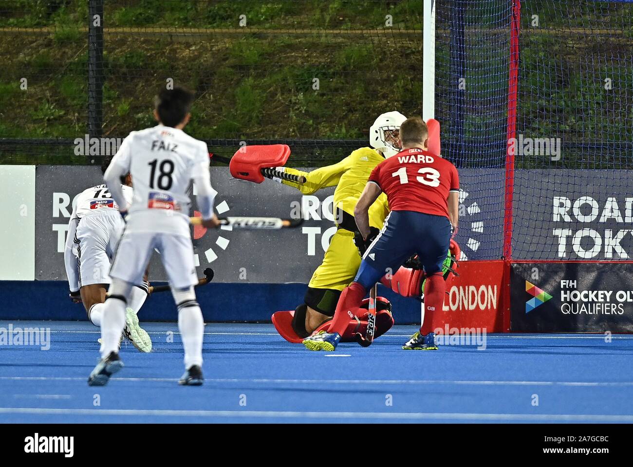 Stratford, United Kingdom. 02nd Nov, 2019. Nabil Noor (Malaysia, 15) scores the first goal. Great Britain v Malaysia. FIH Mens Olympic hockey qualifier. Lee Valley hockey and tennis centre. Stratford. London. United Kingdom. Credit Garry Bowden/Sport in Pictures/Alamy Live News. Credit: Sport In Pictures/Alamy Live News Stock Photo