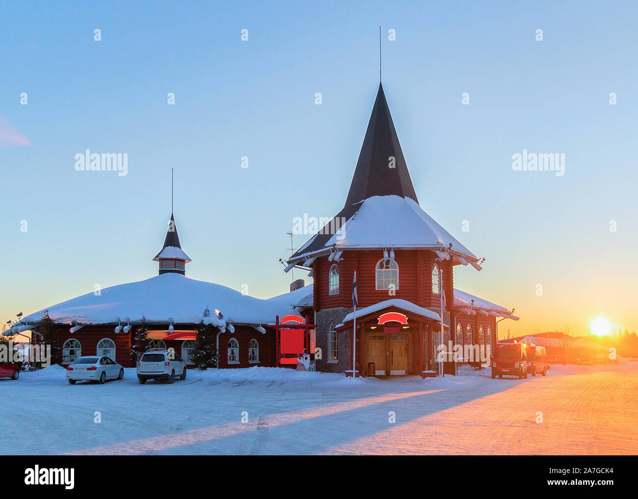 Reception at Santa Claus Holiday Village Lapland at sunset Stock Photo