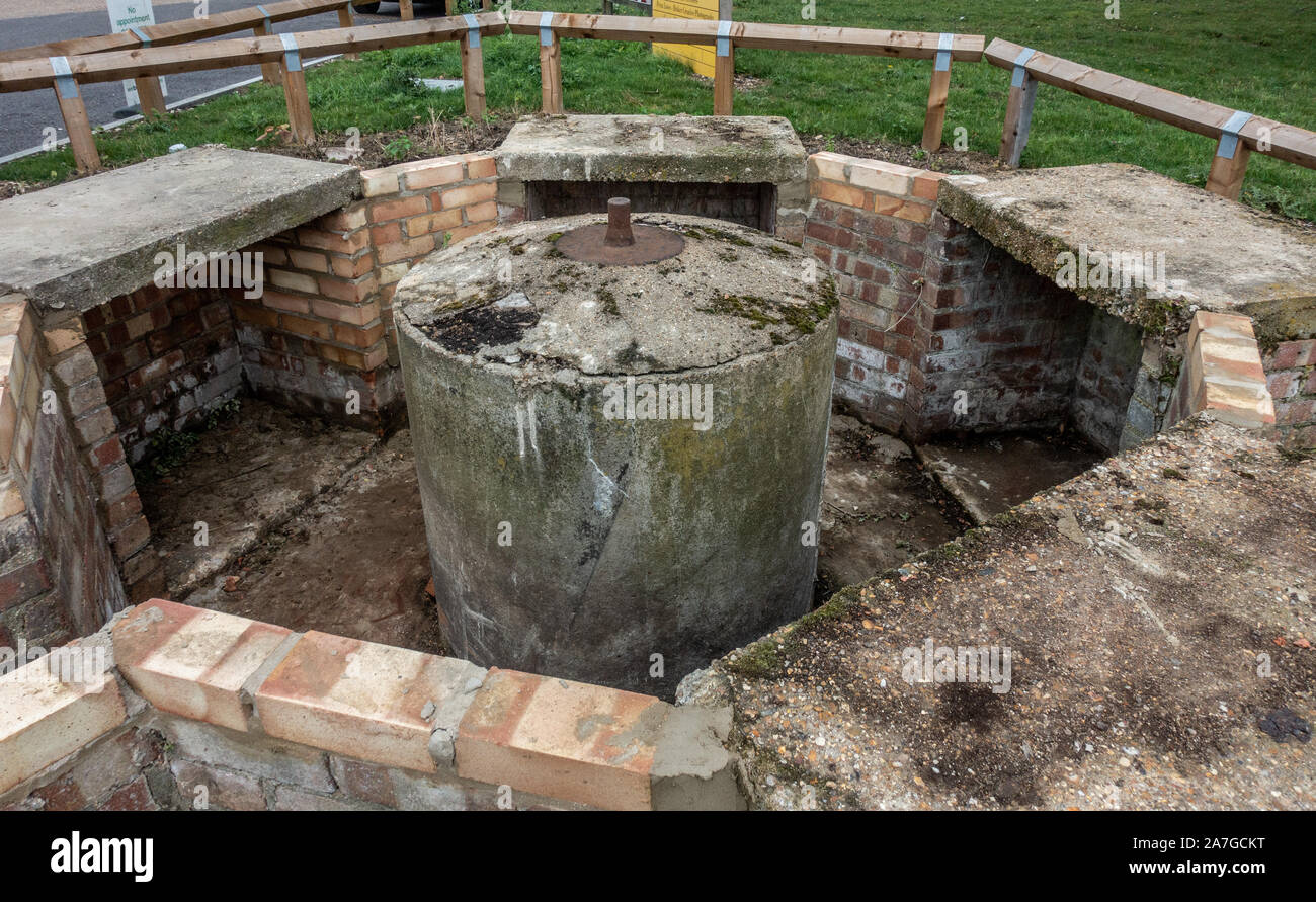 WW2 Spigot Mortar Emplacement at Moulsham Mill Chelmsford now restored to former glory. Stock Photo