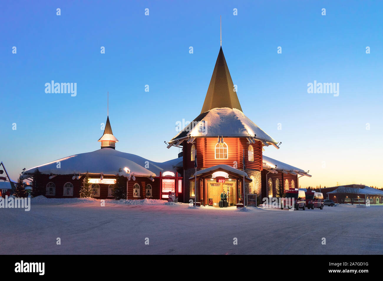 Reception of Santa Claus Holiday Village Lapland at sunset Stock Photo