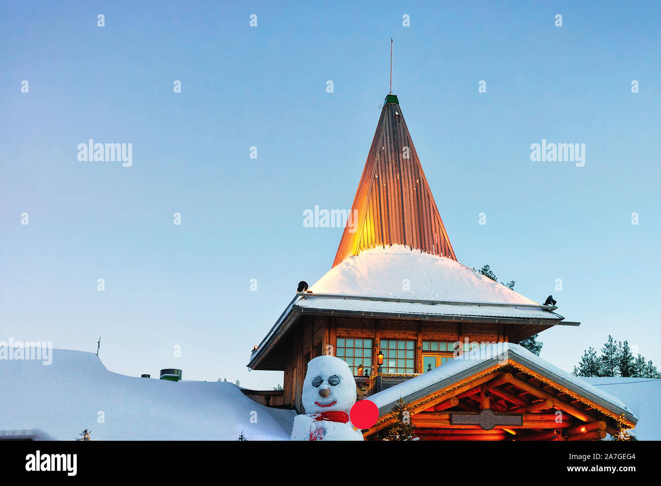 Snowman at Santa Office of Santa Village Rovaniemi Lapland sunset Stock ...