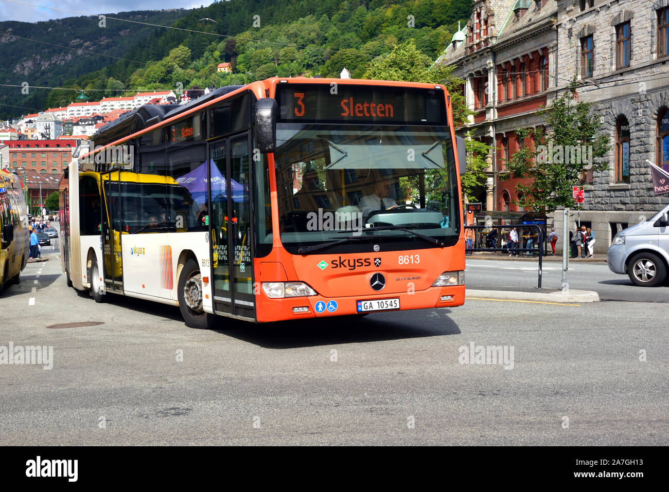 A Mercedes Citaro articulated bus operated by the Skyss transport