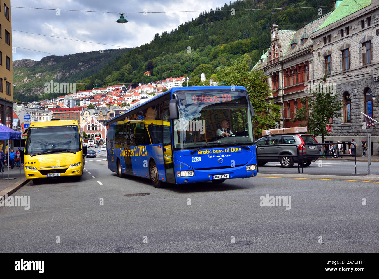 A Tide Buss Irisbus, operated under the Turbuss Vest brand and in IKEA free  bus livery, is seen turning from Strandgaten into Torgallmenningen in Berg  Stock Photo - Alamy