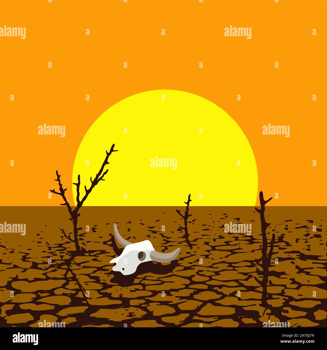 vector illustration of dry trees and animal skull in dry desert land. soil damage from drought. warming of dry land illustration Stock Vector