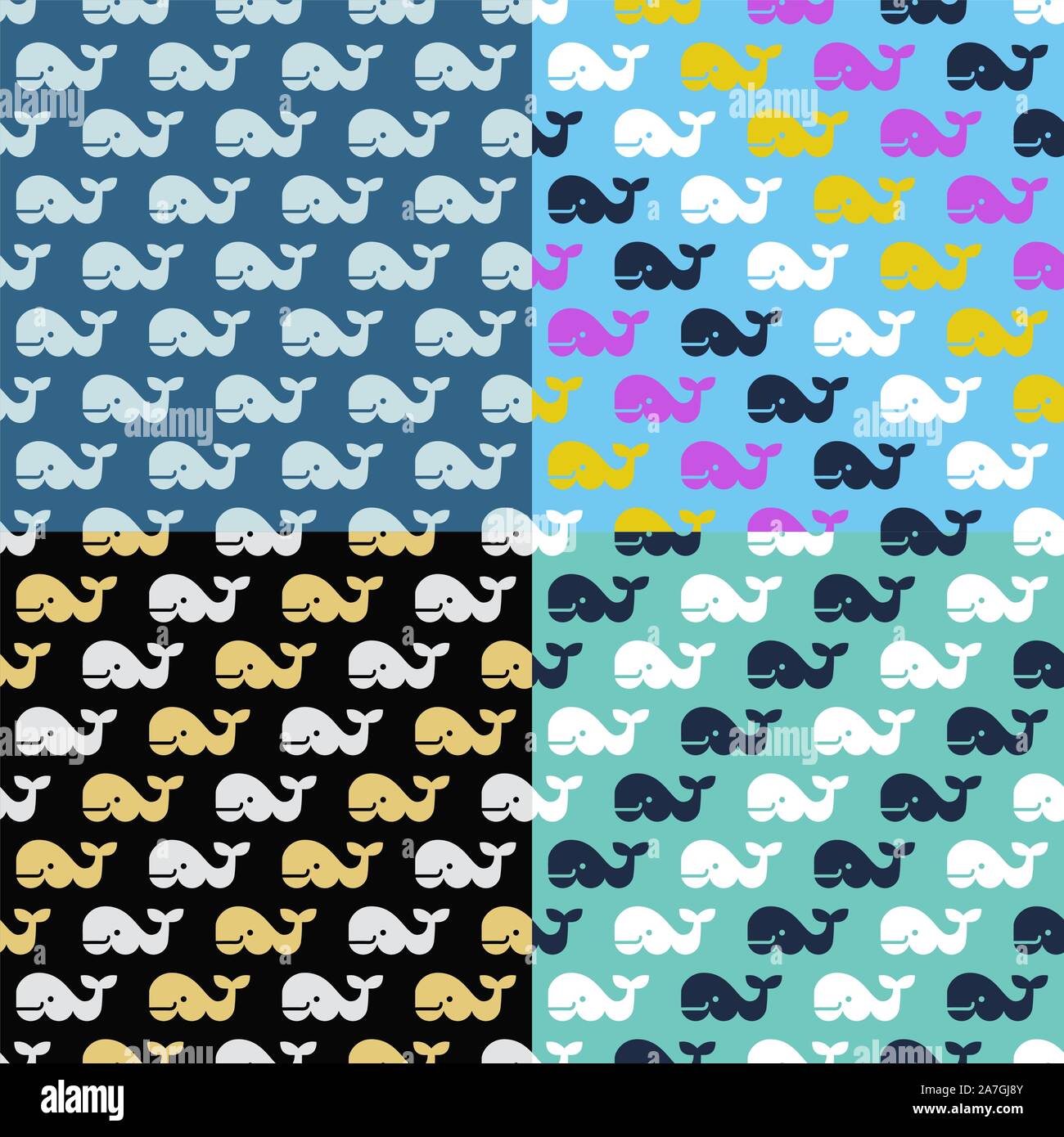 vector set of whale seamless patterns. simple drawing of happy colorful whales with sea waves Stock Vector
