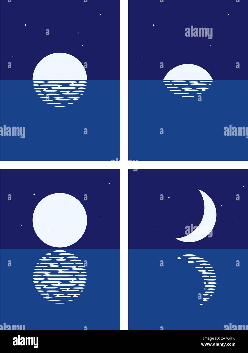 vector background set of sea, full moon and half moon phases at night. illustration of light reflection of moonlight in wavy ocean water and stars in Stock Vector