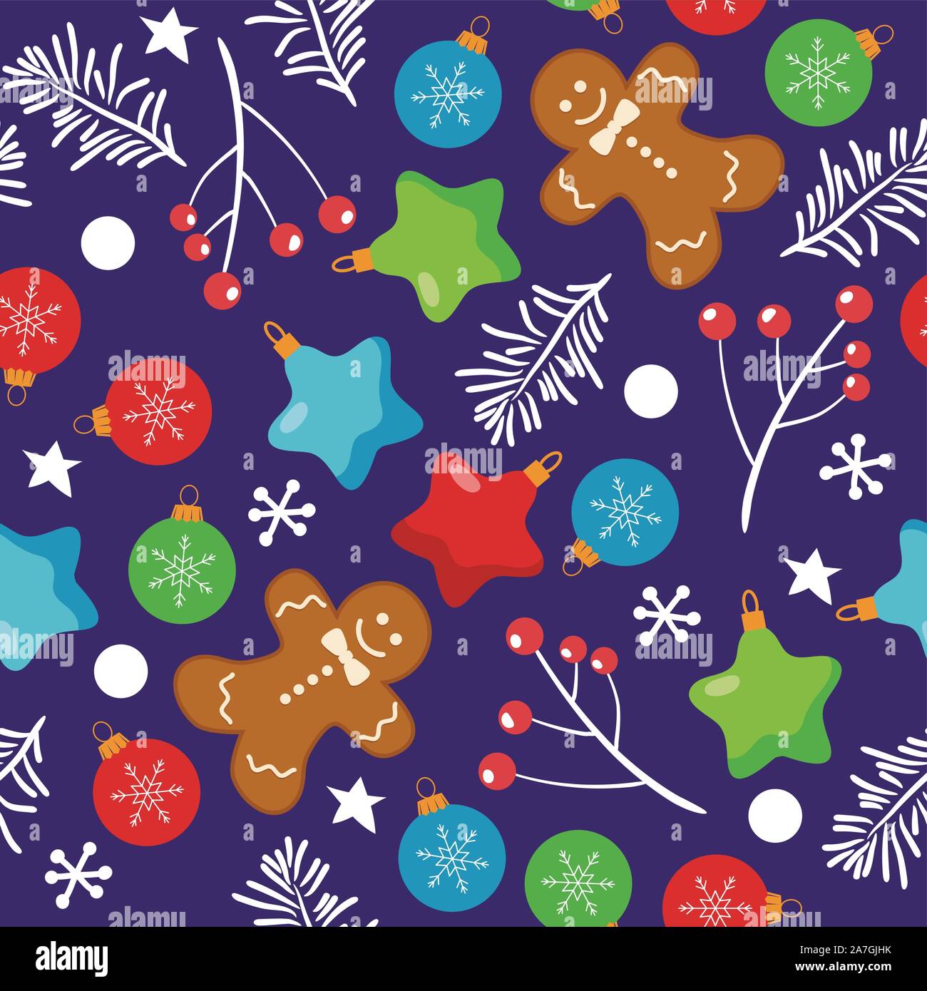 vector seamless christmas  background with gingerbread cookies, snowflakes,red berries and christmas balls isolated on blue background.. seamless wint Stock Vector