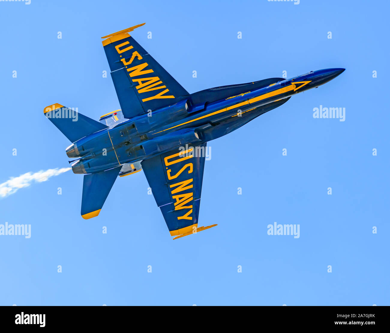 U.S. Navy Blue Angels F/A 18 Hornet solo fly over Stock Photo