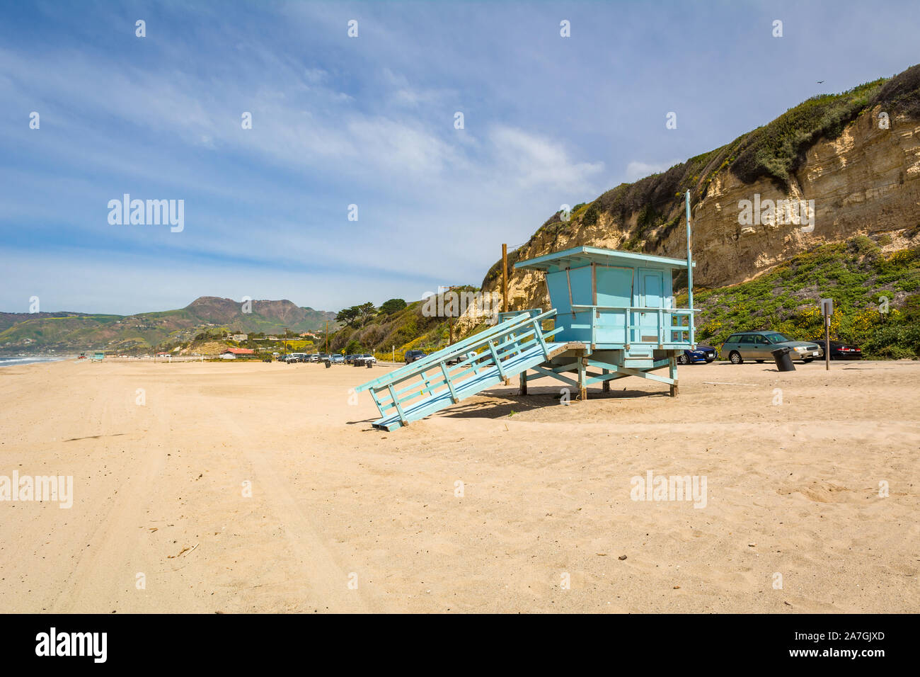 Lifeguard tower on the Zuma Beach in Malibu, California. United States Stock Photo