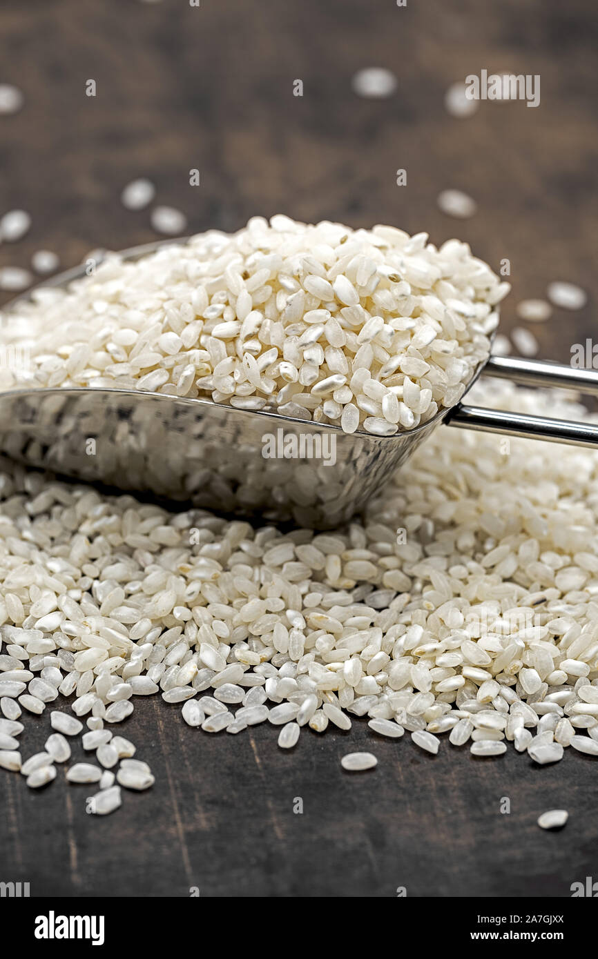 raw rice grains in a metal shovel and scattered on a stone plate Stock ...