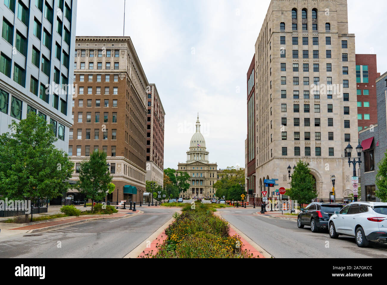 Lansing, MI - September 21, 2019: Michigan State Capitol Building from West Michigan Ave Stock Photo