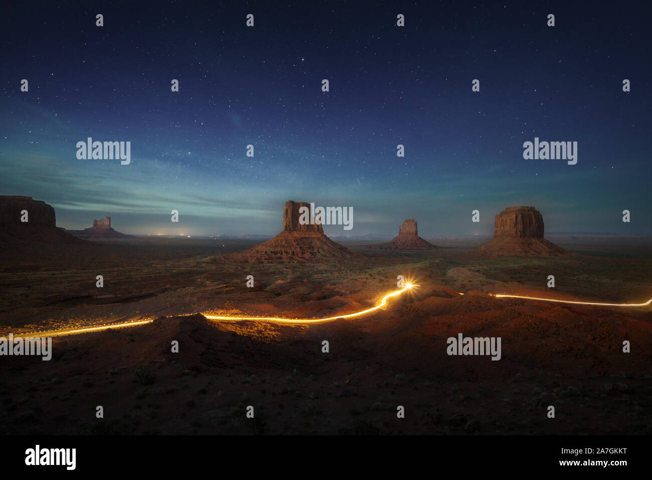 Monument Valley, Navajo Nation, Arizona–Utah border, USA. Clear night with air glow. Stock Photo