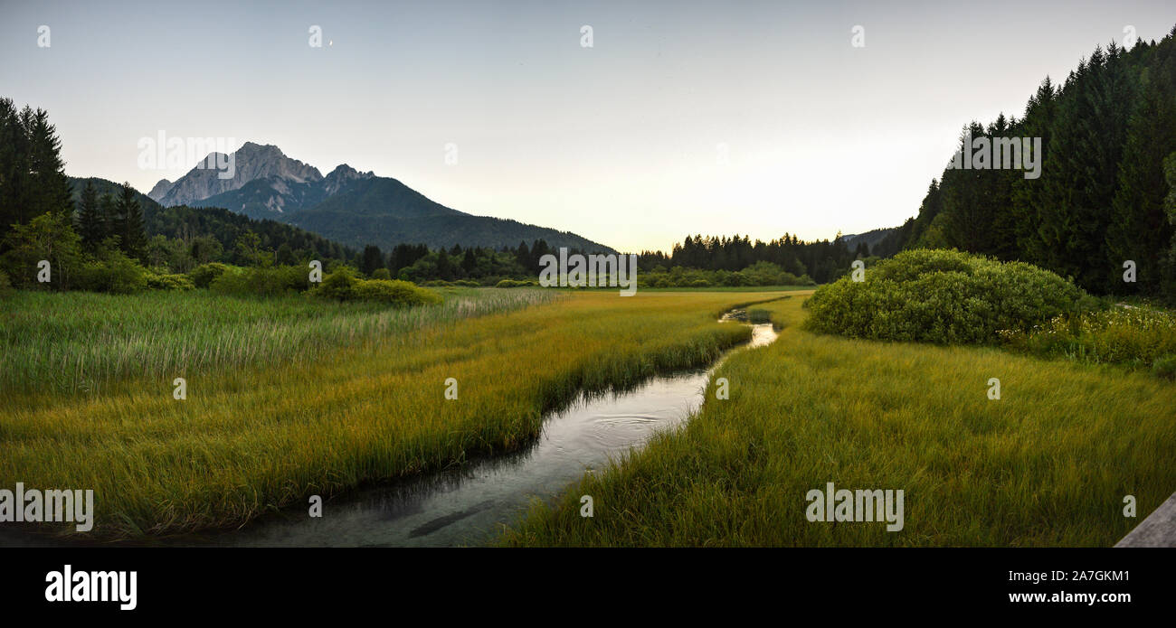 Panorama of Zelenci Natural Reserve near Kranjska Gora, Slovenia. Swamp area with lake in a valley on the border of Triglav National Park, Julian Alps. Stock Photo